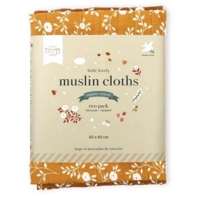 Organic cotton muslin cloth, blossom- caramel, set of 2