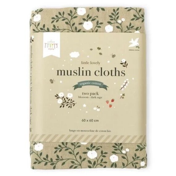 Organic cotton muslin cloth, blossom- dark sage, set of 2 Organic cotton muslin cloth, blossom- dark sage, set of 2