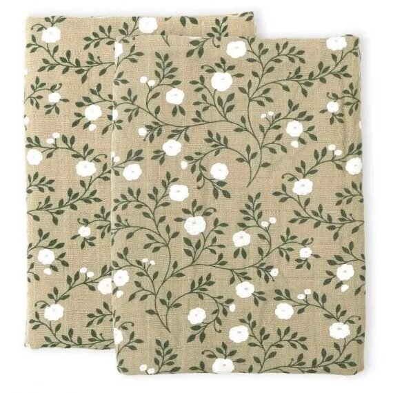 Organic cotton muslin cloth, blossom- dark sage, set of 2 2 Organic cotton muslin cloth, blossom- dark sage, set of 2 2